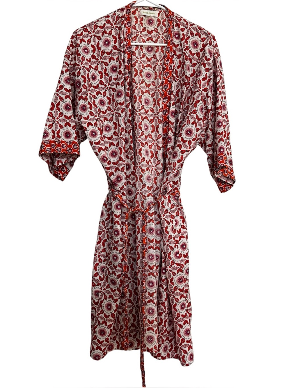 World Market Kimono Robe One Size Boho Short Sleeve Red Floral Cotton